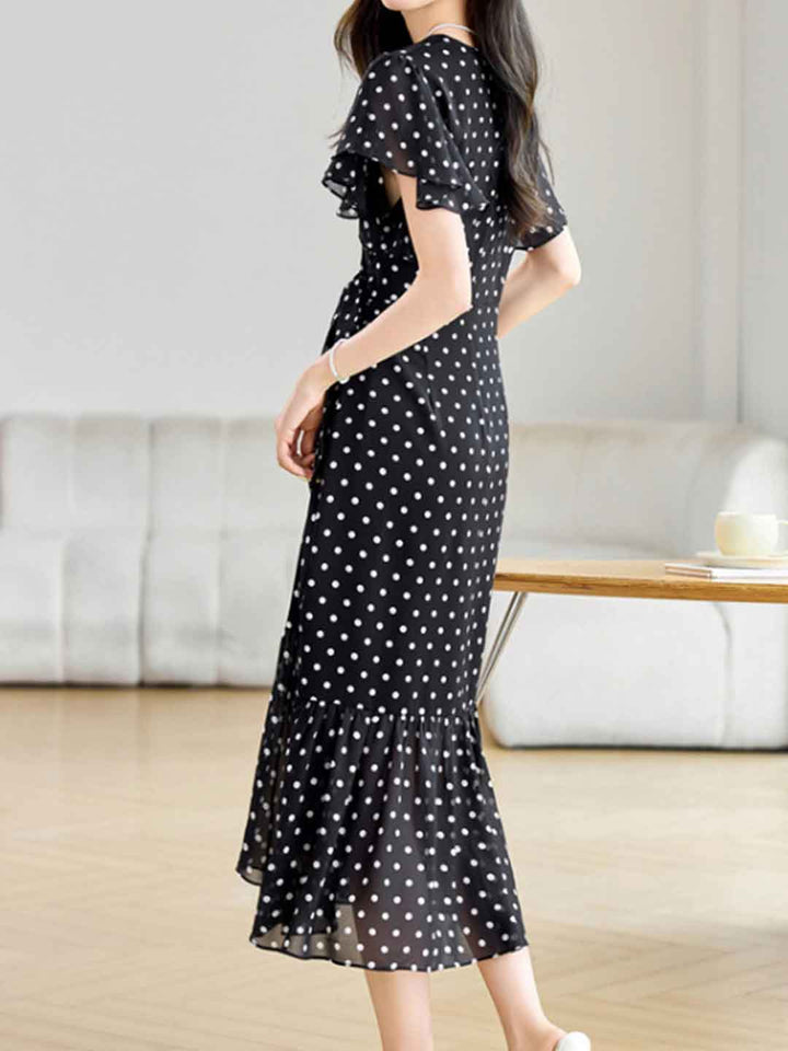 Grace Daily V-Neck Polka Dot Fishtail Chiffon Dress