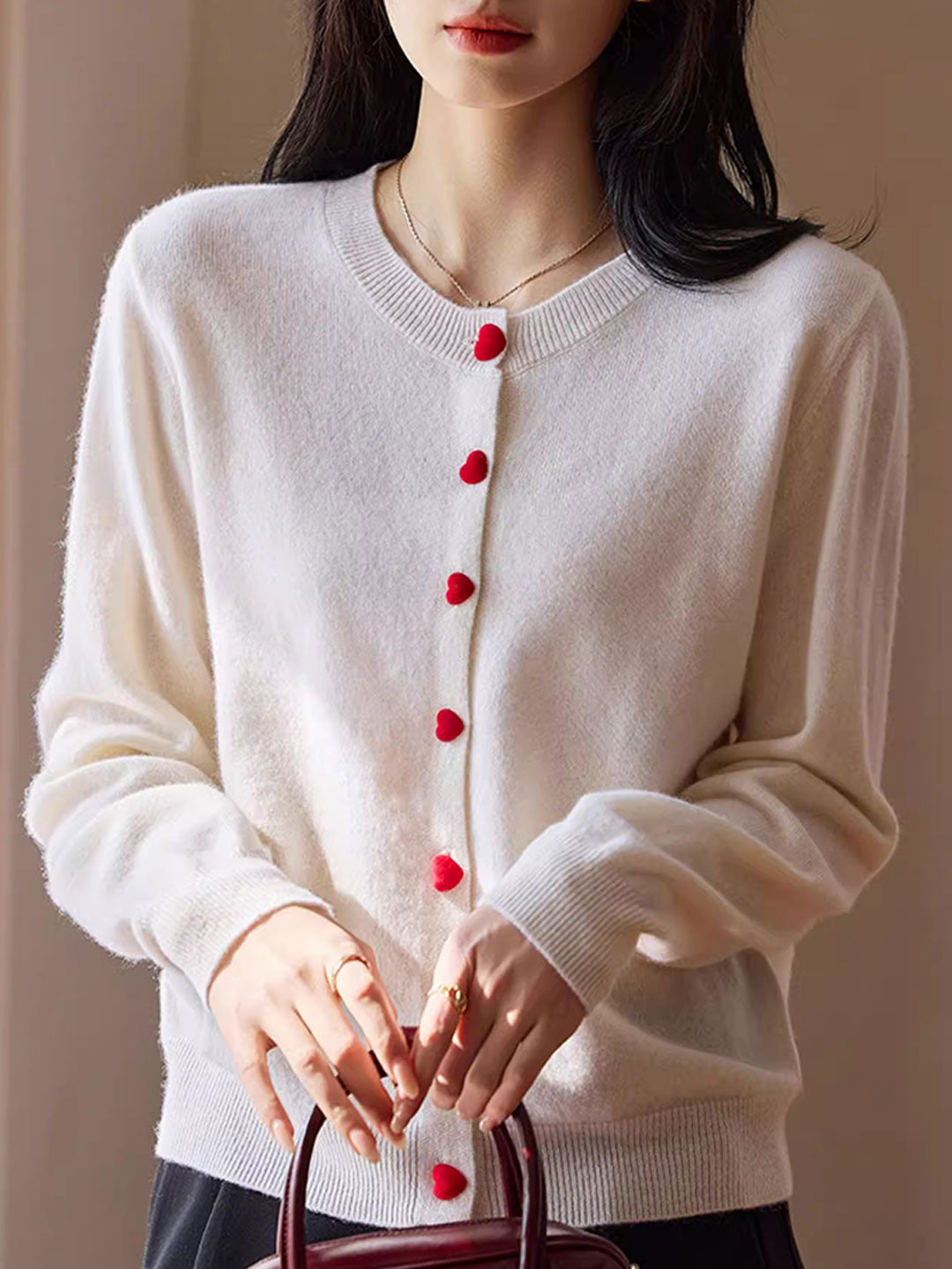 Raya Elegant Crew Neck Heart Button Knitted Cardigan