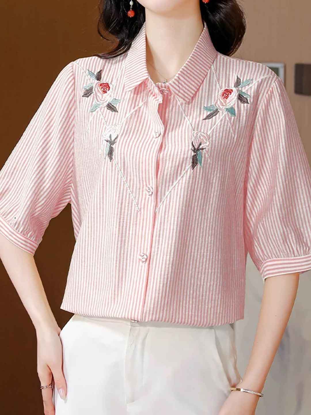 Nevaeh Loose Lapel Embroidered Striped Shirt