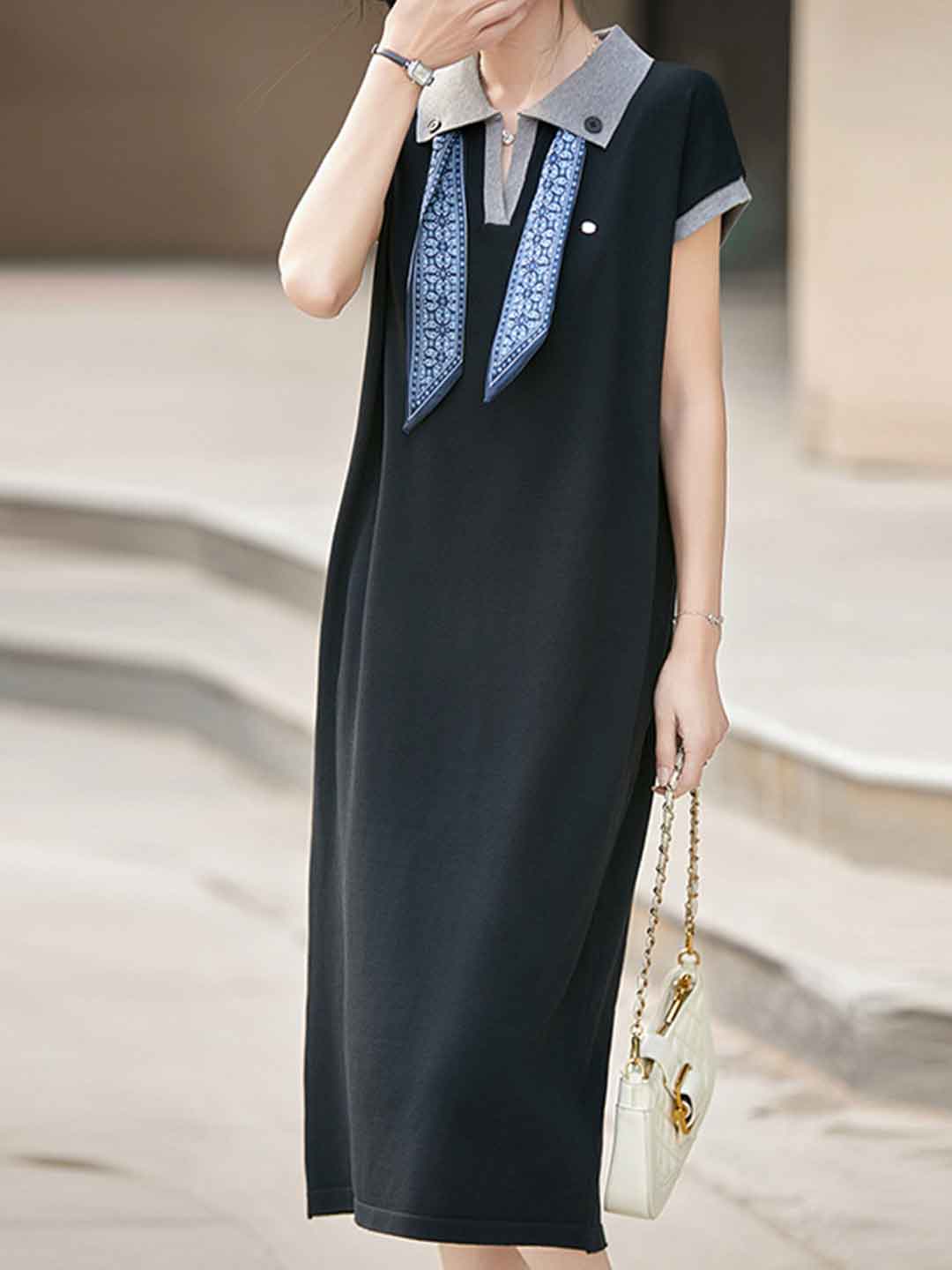 Julia Daily Lapel Scarf Color-Blocked Dress