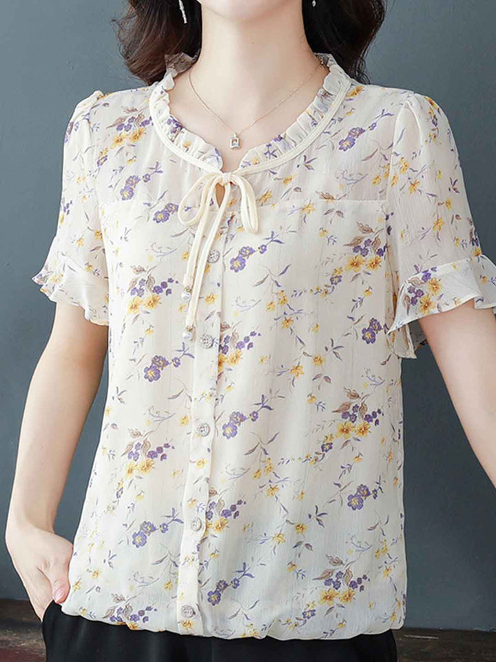 Serenity Loose V-Neck Printed Chiffon Top