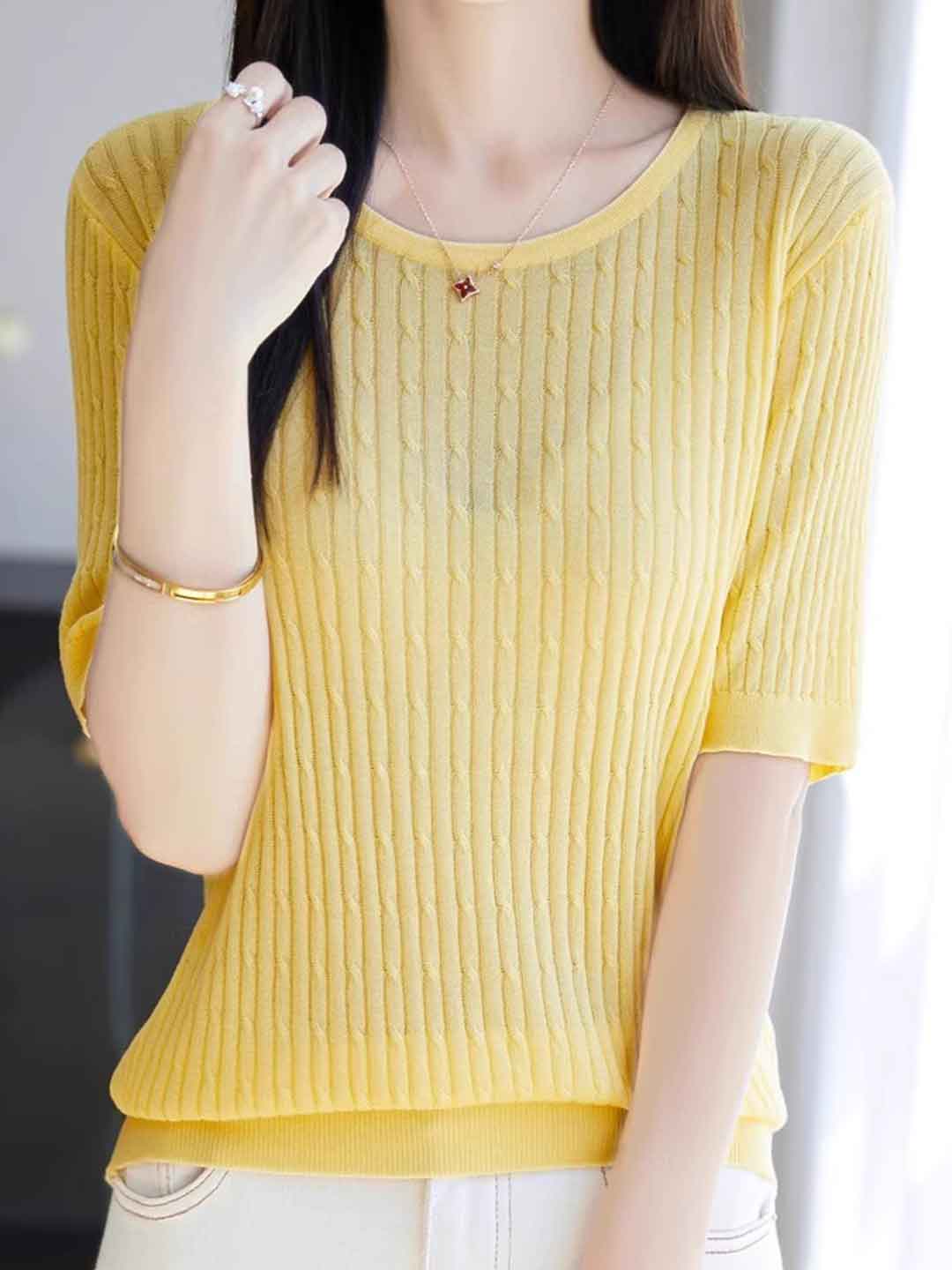 Sophie Loose Crew Neck Solid Color Cable Knitted Top