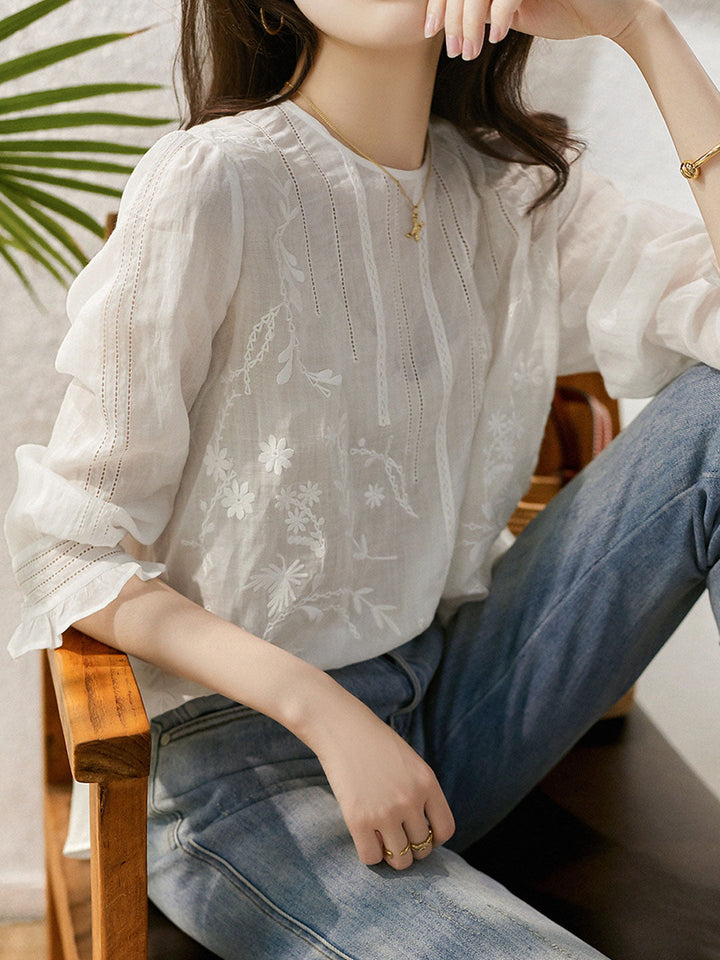 Claire Retro Crew Neck Solid Color Embroidered Hollowed Top