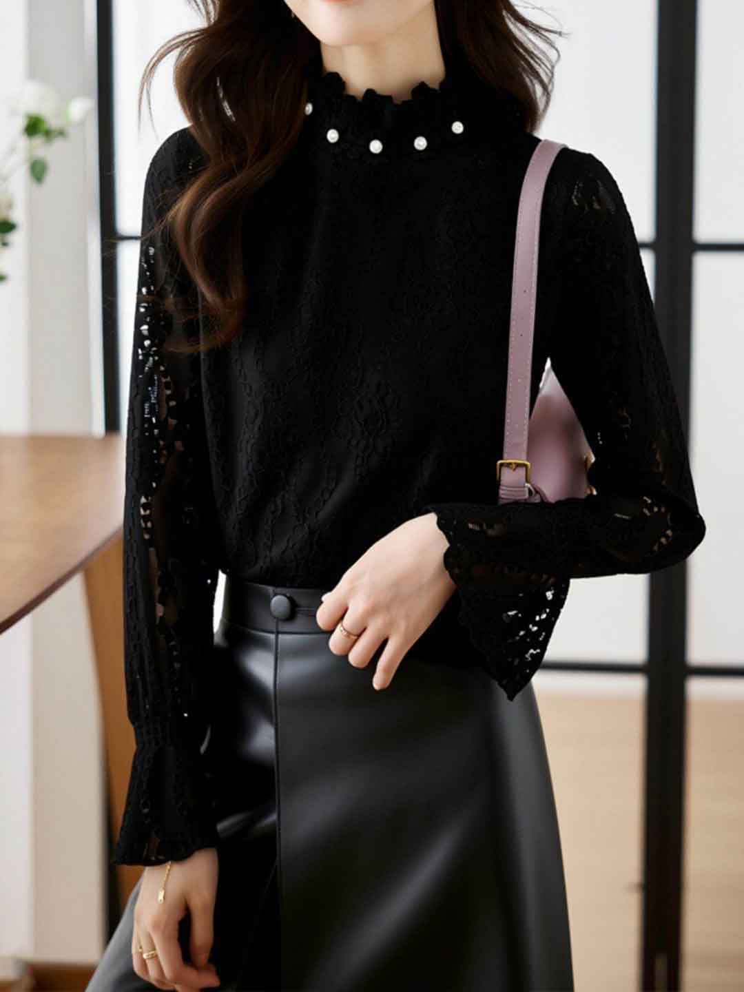 Ella Elegant Auricular Collar Lace Chiffon Top