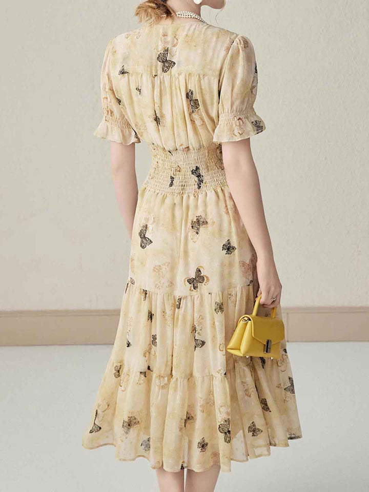 Mia Sweet V-Neck Puff Sleeve Chiffon Floral Dress