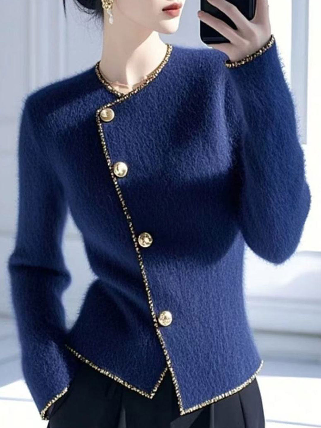 Ella Daily Crew Neck Irregular Solid Color Knitted Cardigan