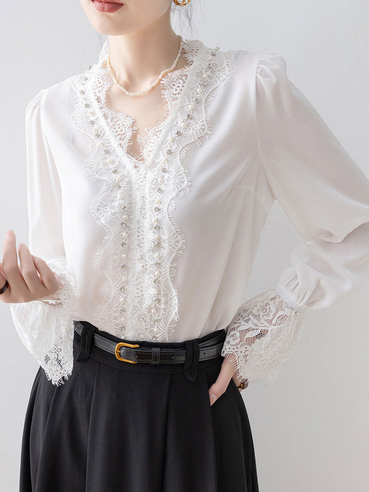 Lily Elegant V-Neck Lace Trimmed Blouse