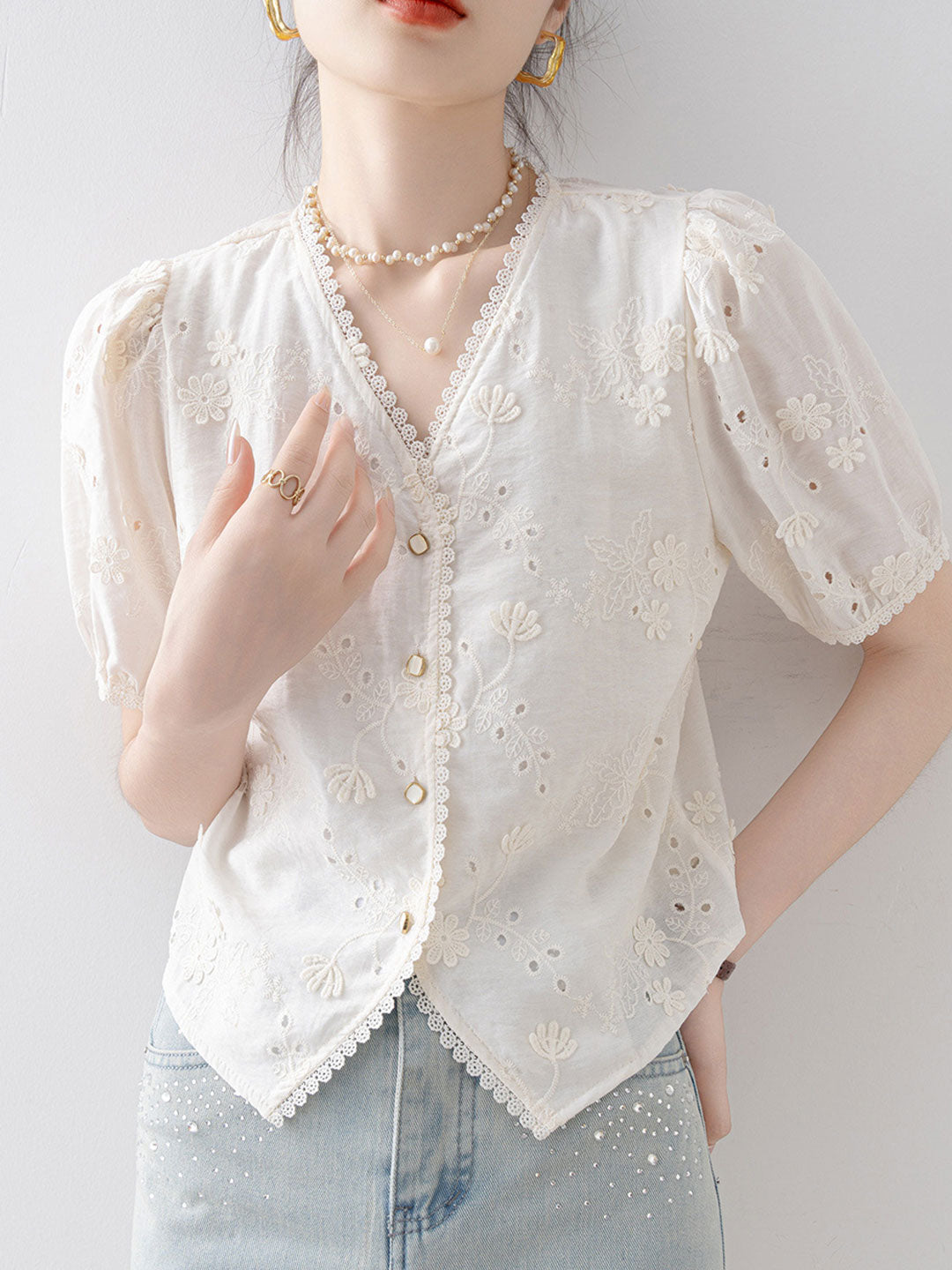 Grace Daily V-Neck Lace Hollowed Blouse