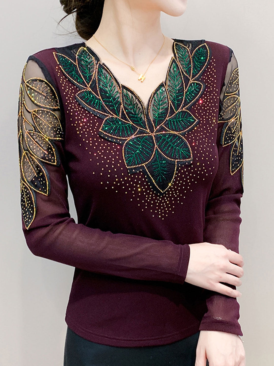 Evelyn Slim V-Neck Mesh Lace Rhinestone Top