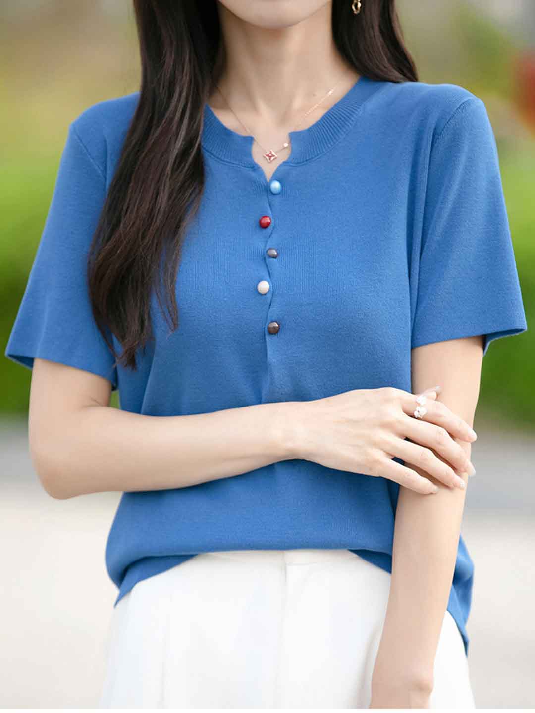 Khloe Classic Crew Neck Colorful Buttons Knitted Top-White