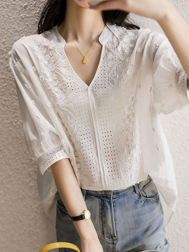 Brooke Classic V-Neck Puff Sleeve Hollowed Top