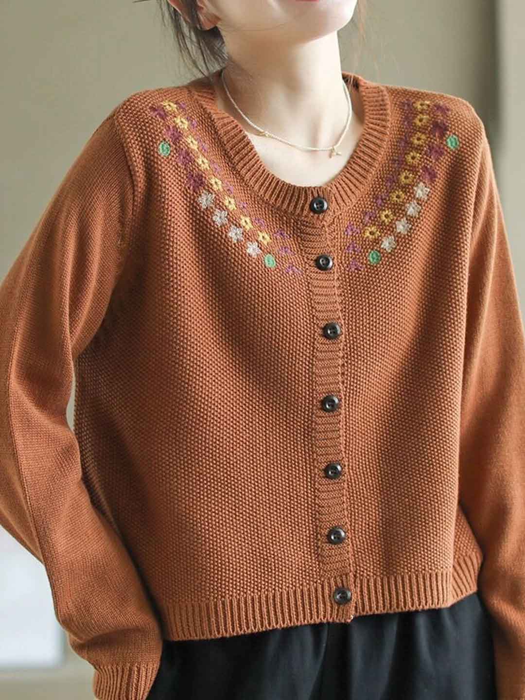 Sofia Casual Crew Neck Embroidered Knitted Cardigan