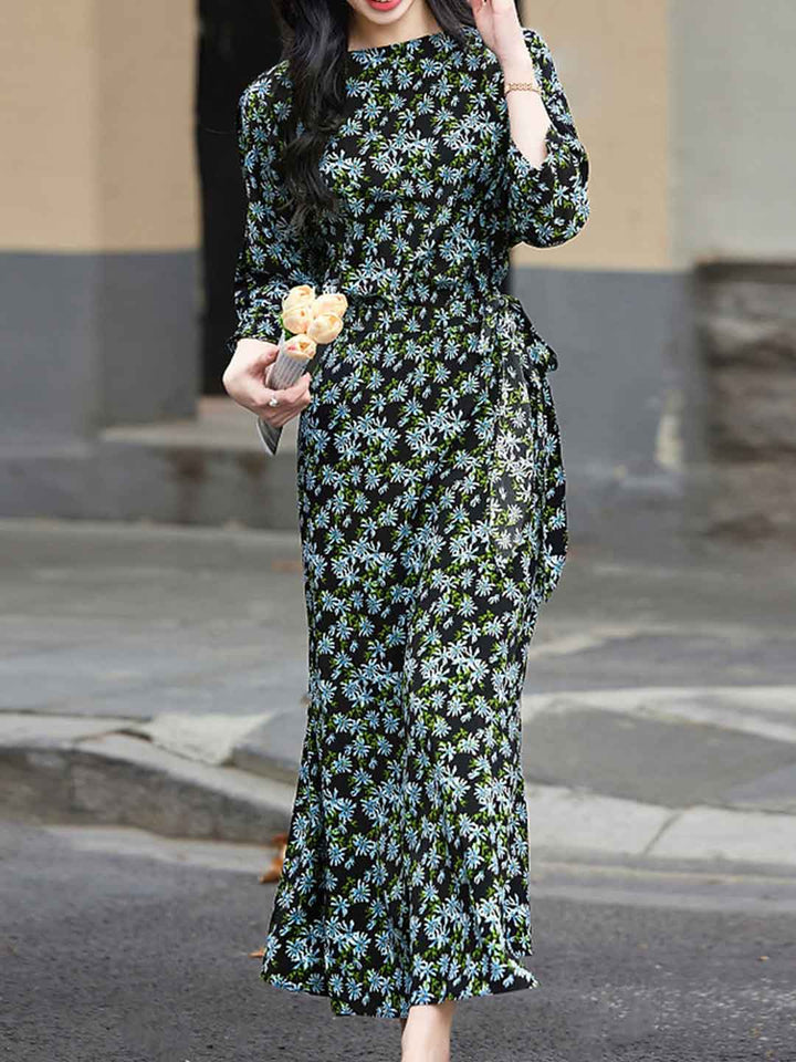 Ella Elegant Boat Neck Waist Floral Dress