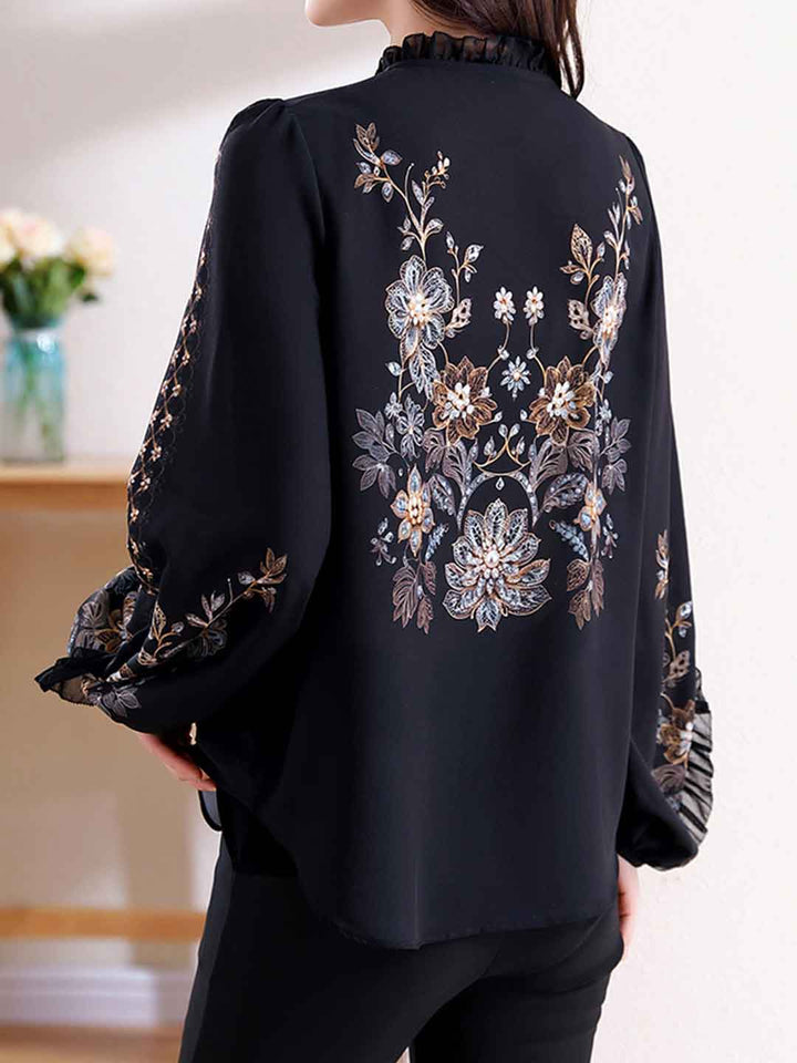 Kaylee Loose V-Neck Puff Sleeve Printed Chiffon Blouse