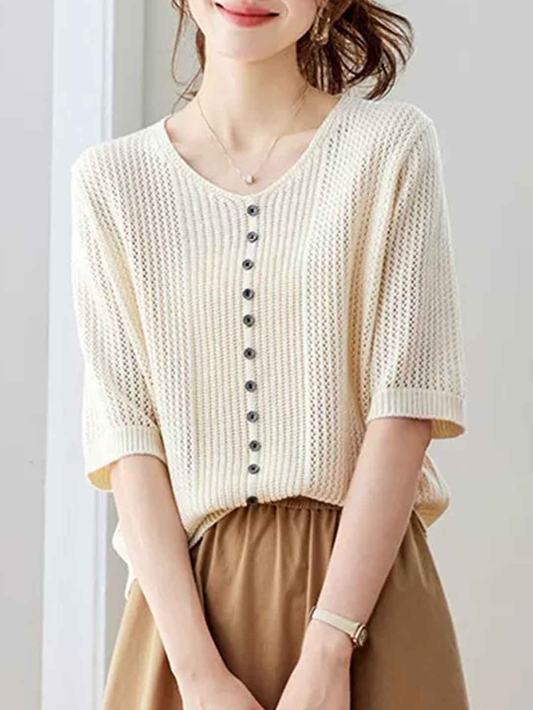 Emma Casual V-Neck Hollowed Knitted Top