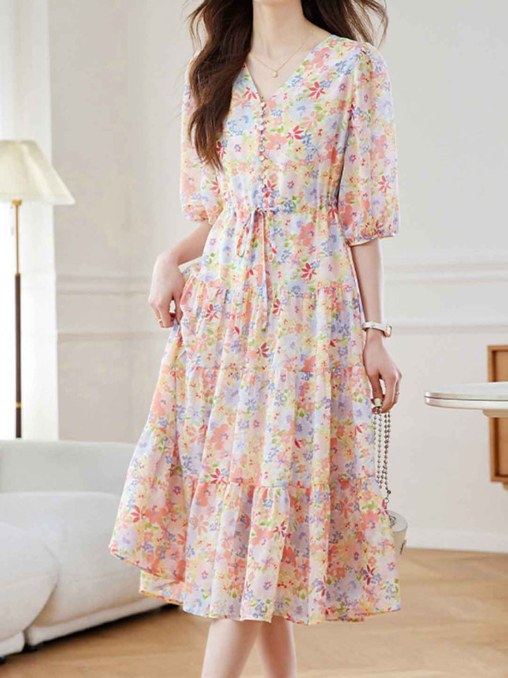 Anna Elegant V-Neck Waisted Floral Dress