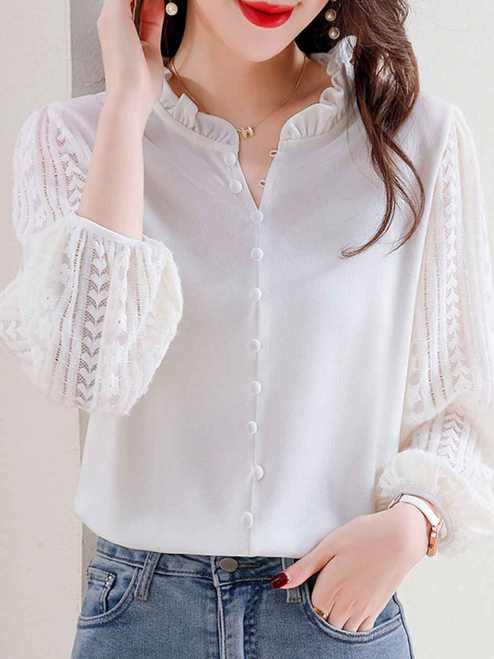 Arianna Loose Ruffle Collar Lantern Sleeve Lace Top