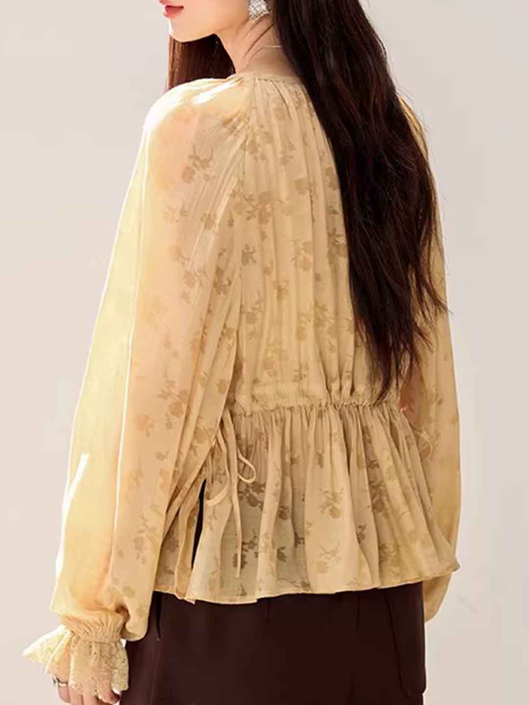 Olivia Loose V-Neck Lantern Sleeve Drawstring Lace Top