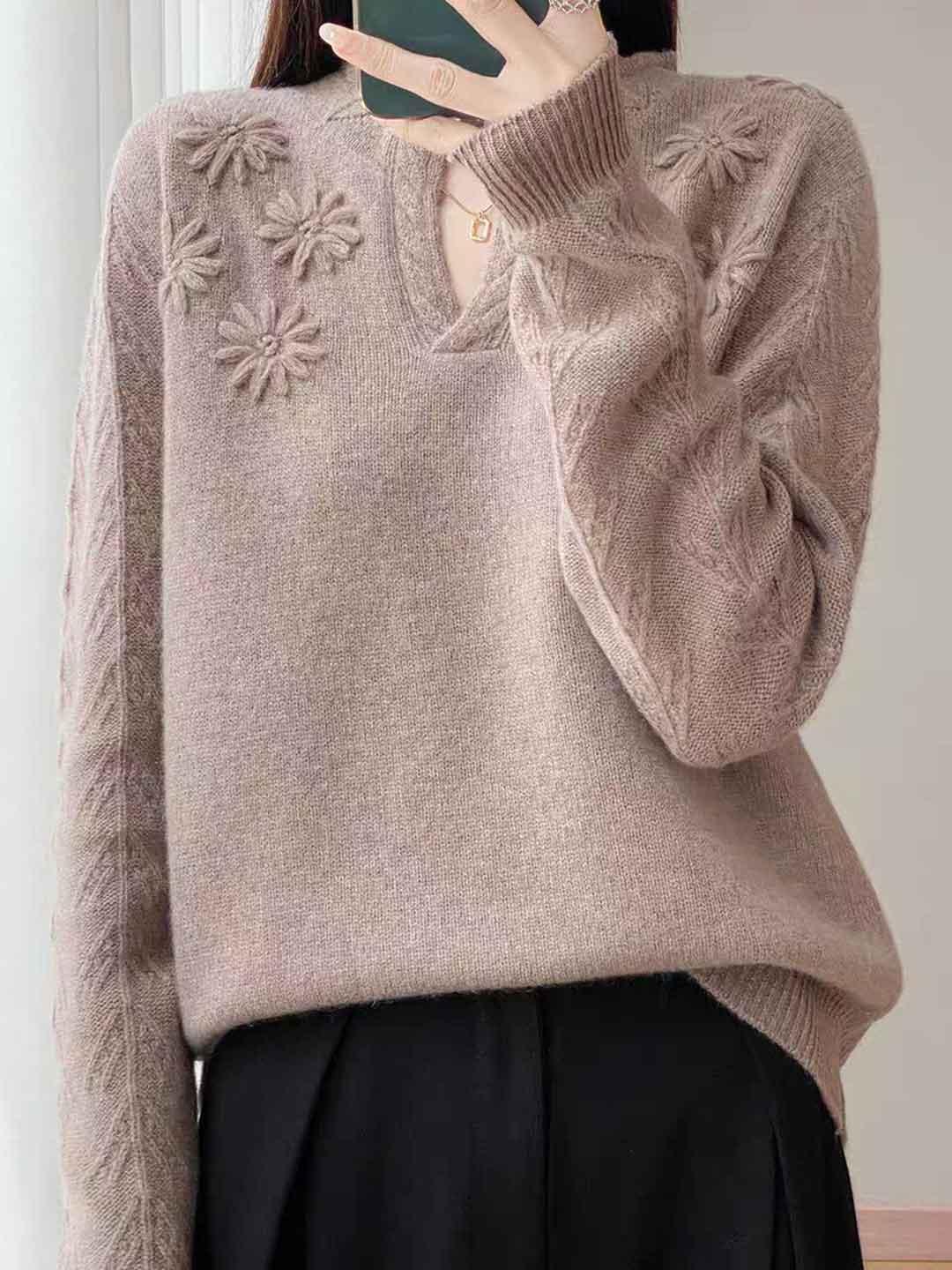 Kaylee Retro V-Neck Embroidered Floral Knitted Sweater