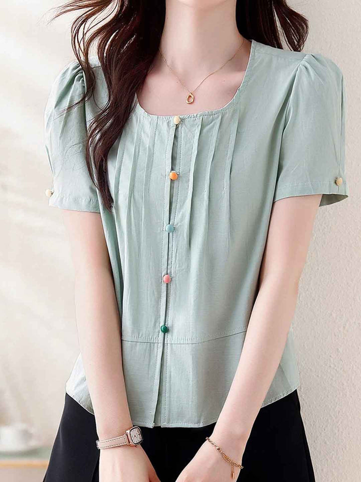 Hannah Retro Crew Neck Puff Sleeve Buttons Top