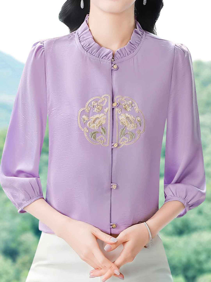 Mariah Loose Crew Neck Lantern Sleeve Auricular Embroidered Top