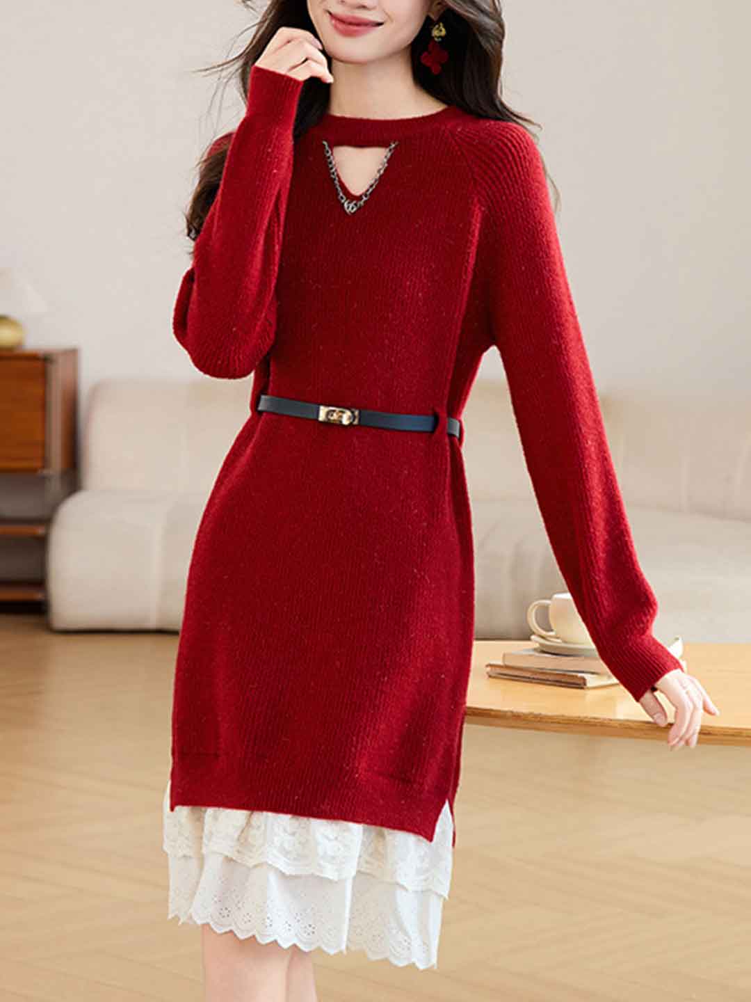 Kaylee Daily Crew Neck Patchwork Lace Knitted Dress