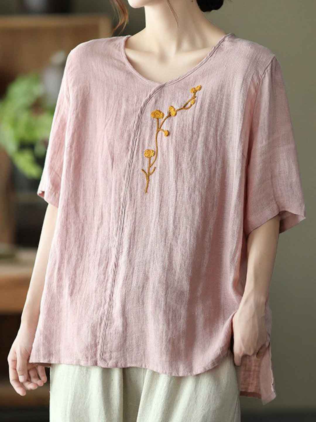 Olivia Loose V-Neck Embroidered Top