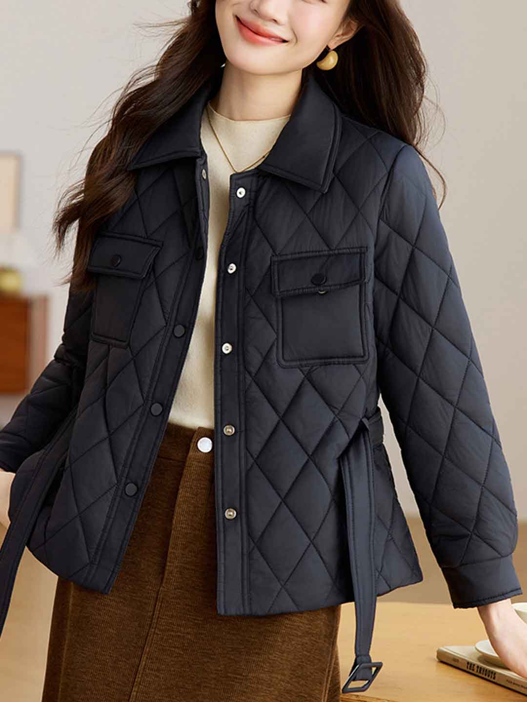 Chloe Classic Lapel Diamond Solid Color Winter Coat