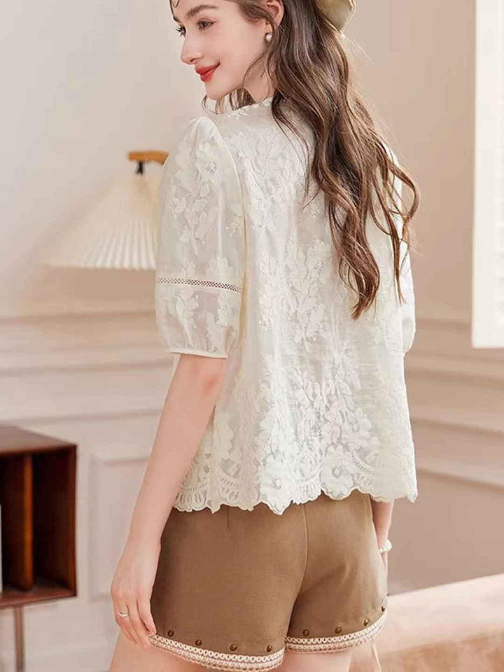 Emma Retro Crew Neck Embroidered Lace Top