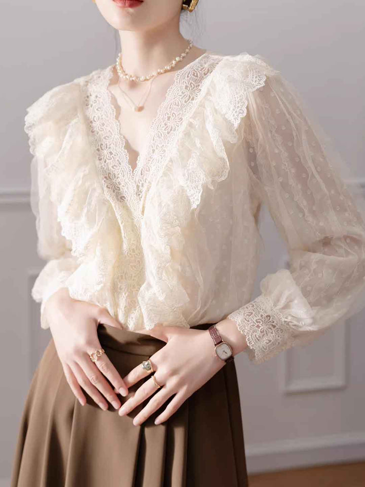 Mia Elegant V-Neck Ruffled Lace Blouse