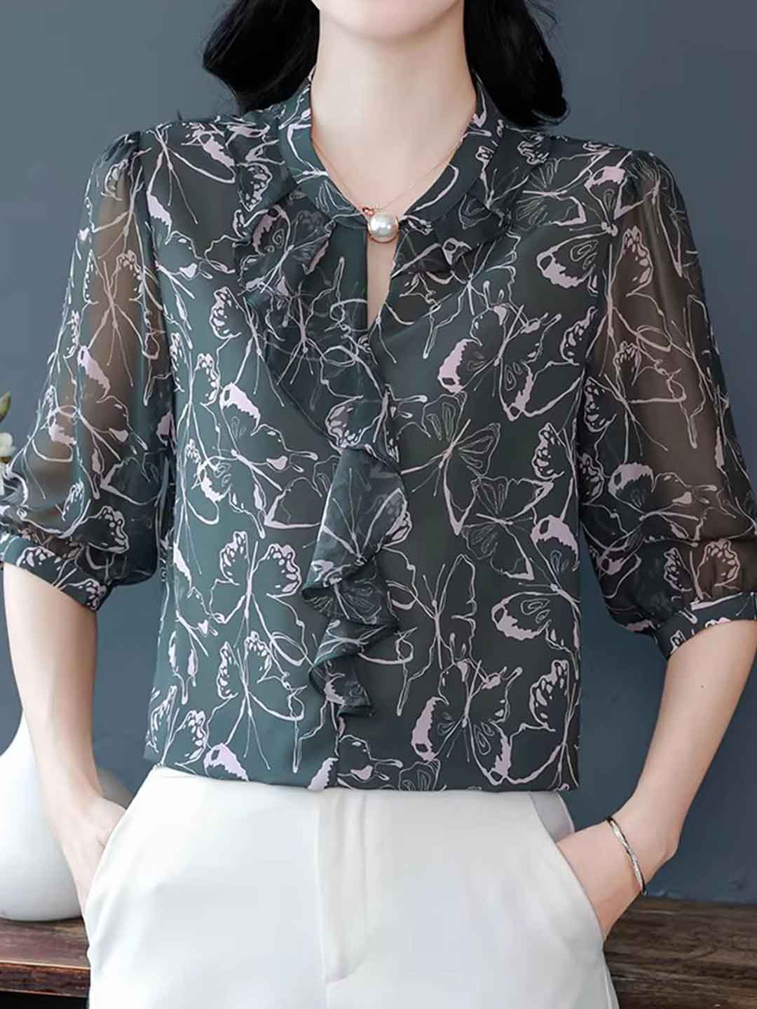 Taylor Loose Ruffle Printed Chiffon Top