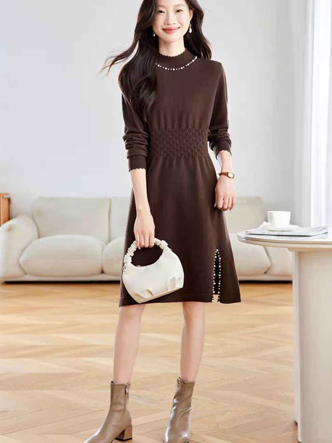Victoria Casual Turtleneck Beaded Knitted Sweater Dress