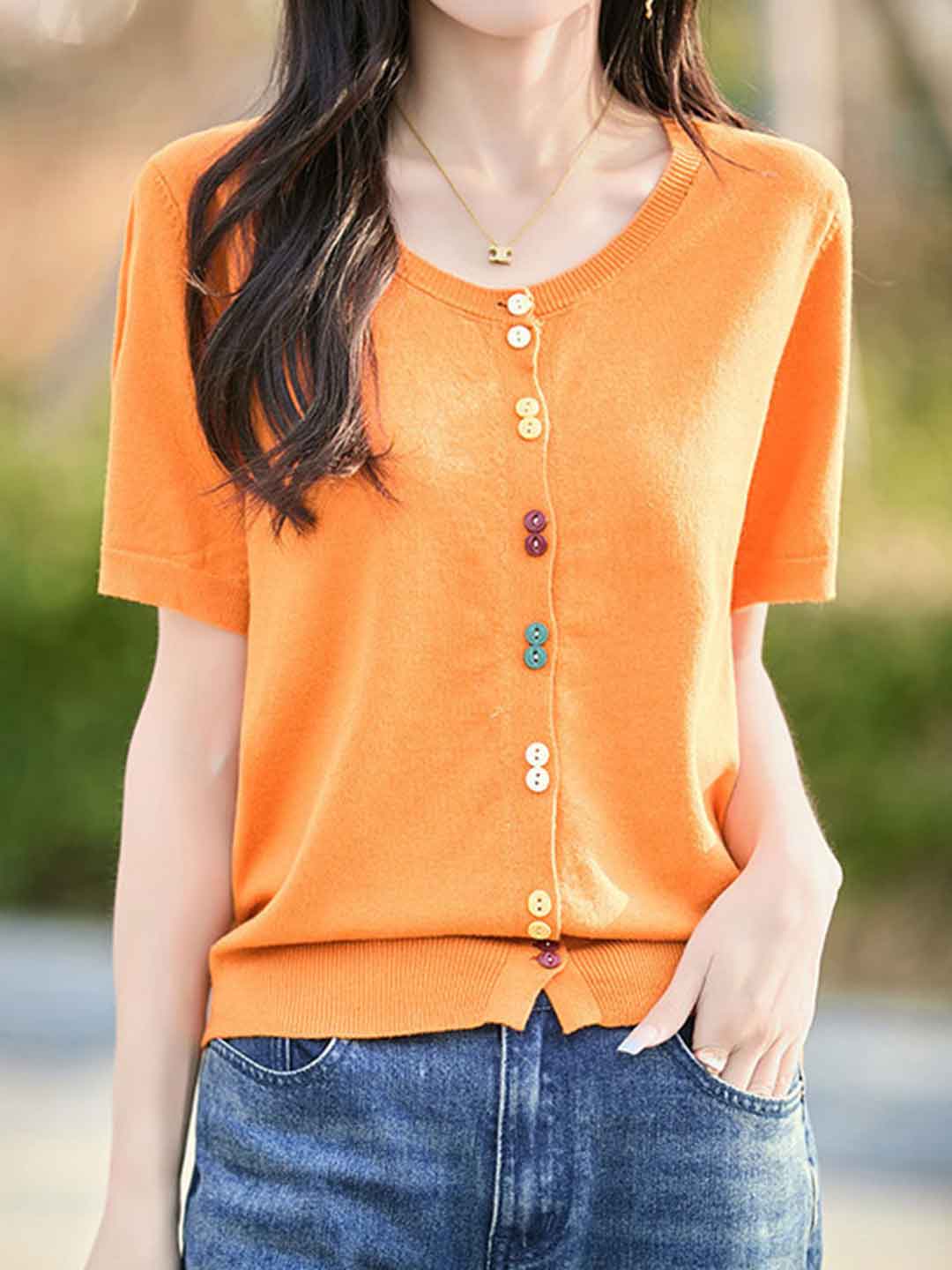Trinity Loose Crew Neck Solid Color Knitted Cardigan