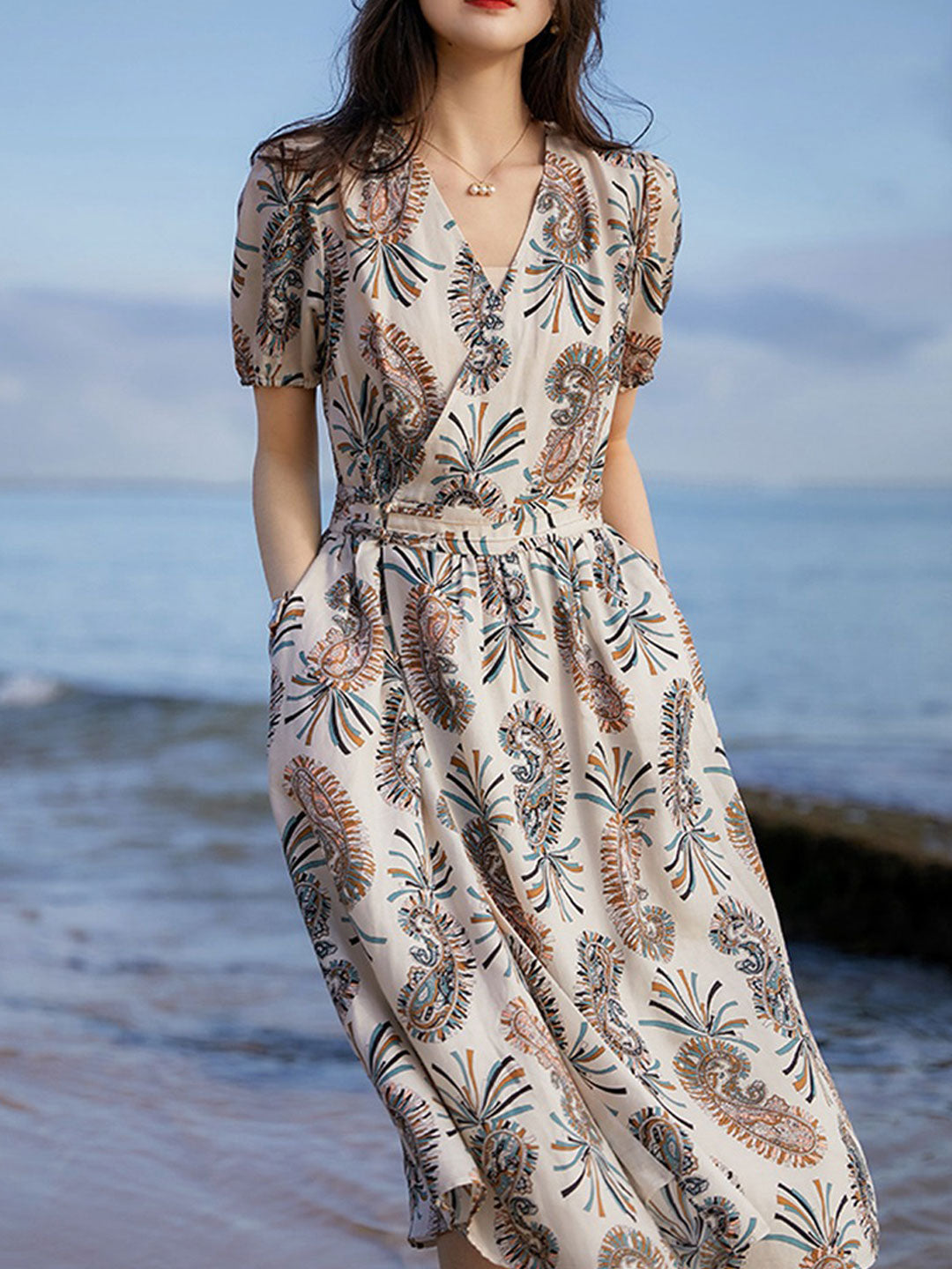 Bella Retro Printed Waist Chiffon Dress