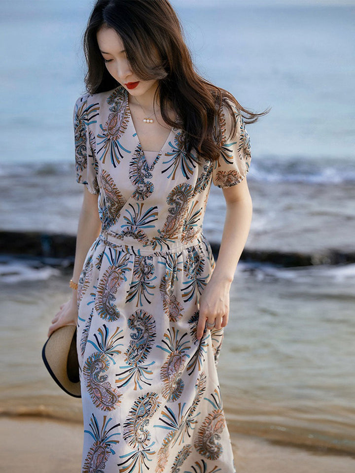 Bella Retro Printed Waist Chiffon Dress