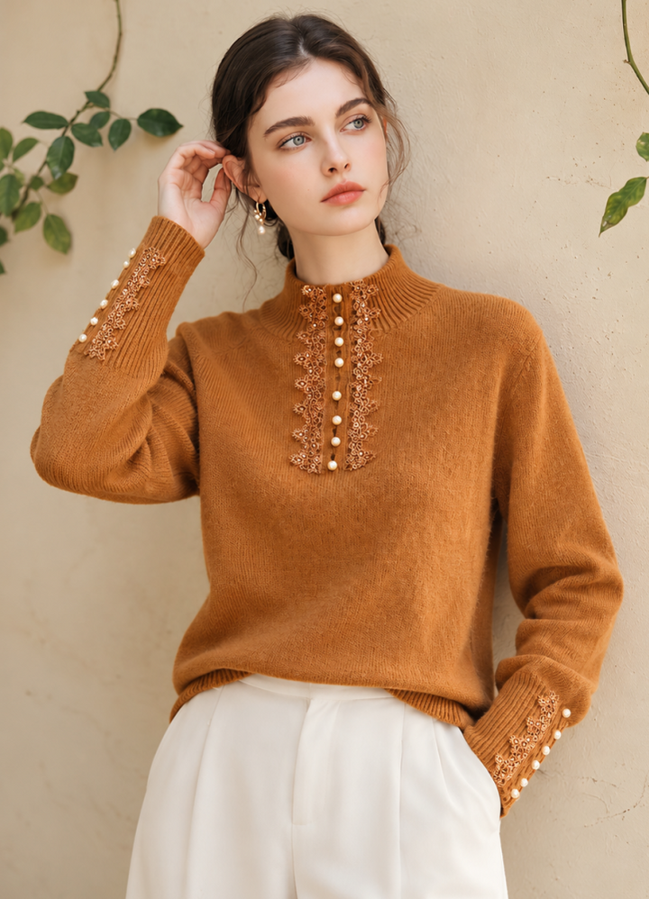 Mock-neck Lace And Pearl Knit Top