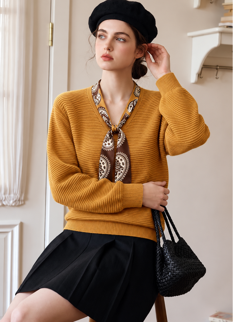 V-neck Ribbon Ties Knit Top
