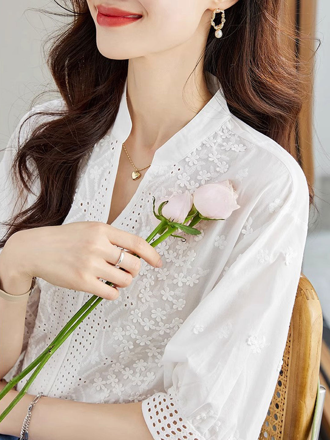 Brooke Classic V-Neck Puff Sleeve Hollowed Top