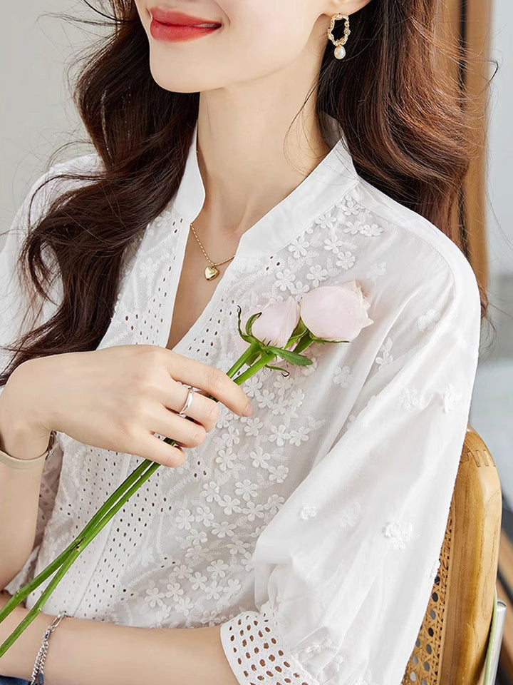 Brooke Classic V-Neck Puff Sleeve Hollowed Top