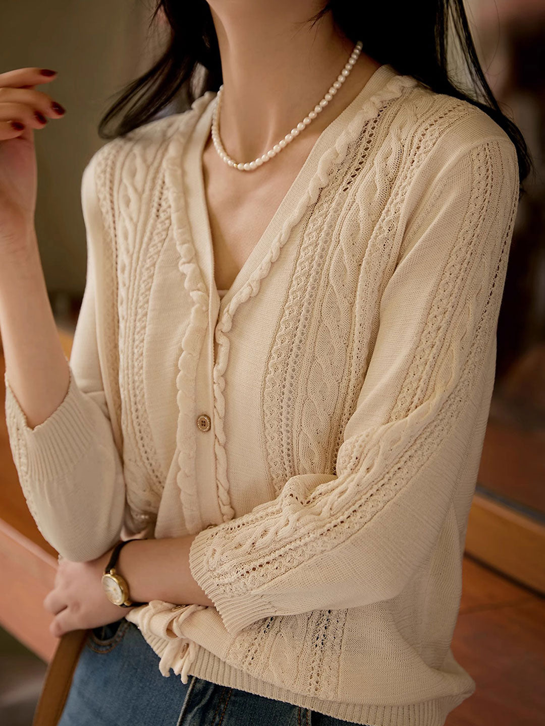 Grace Vintage V-Neck Cable Knitted Cardigan
