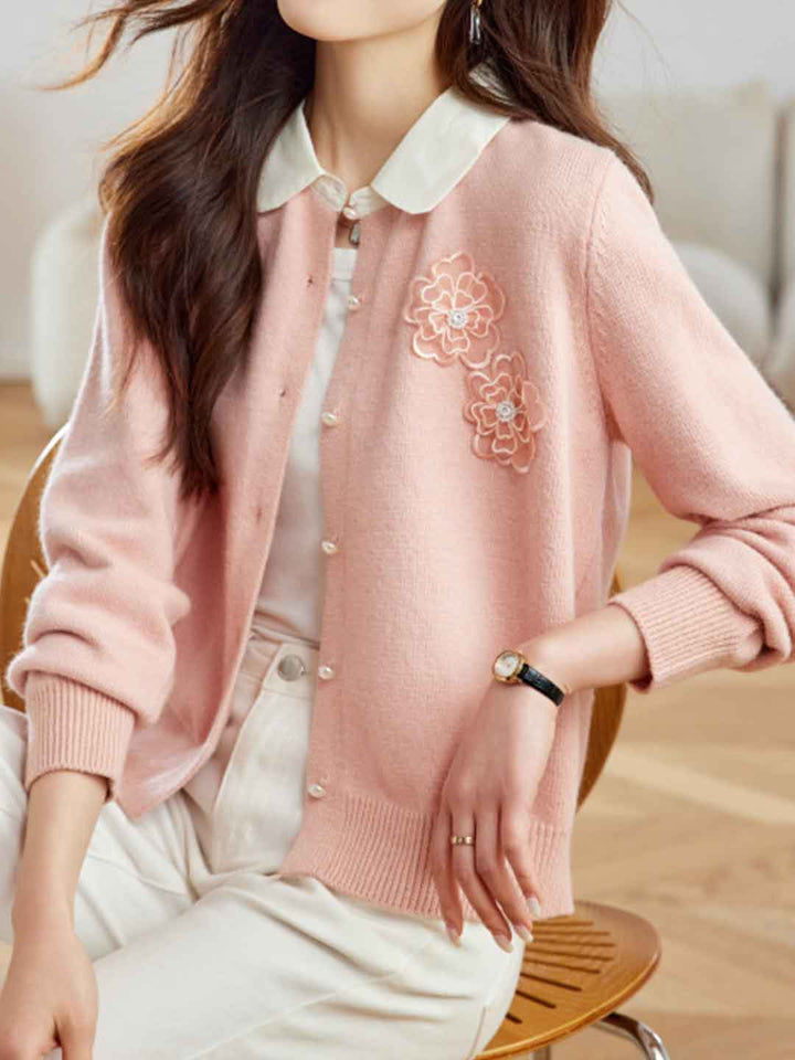 Kayla Crew Neck Flowers Beaded Knitted Cardigan