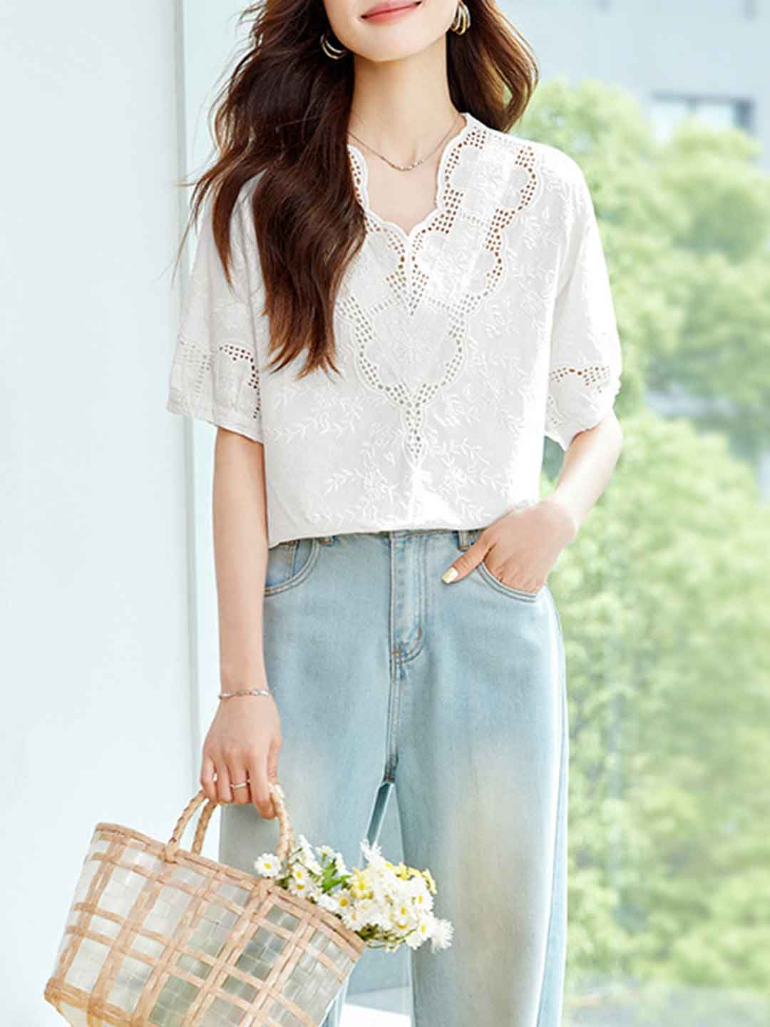 Eva Classic V-Neck Embroidered Hollowed Top