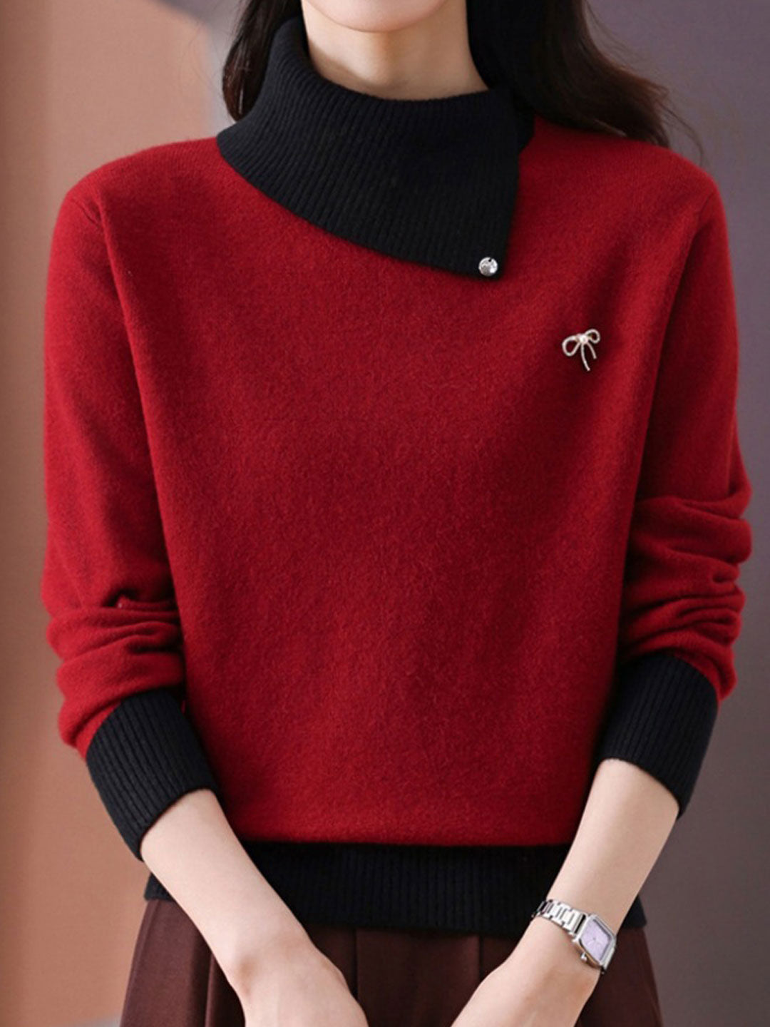 Olivia Classic Turtleneck Contrasted Panelled Knitted Sweater