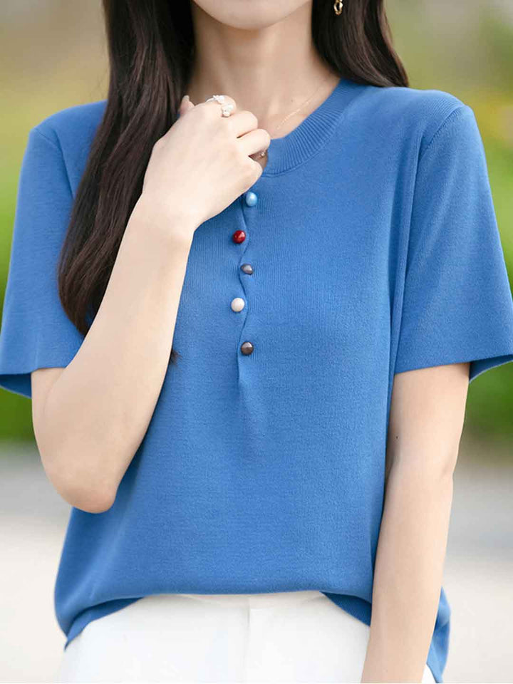 Khloe Classic Crew Neck Colorful Buttons Knitted Top