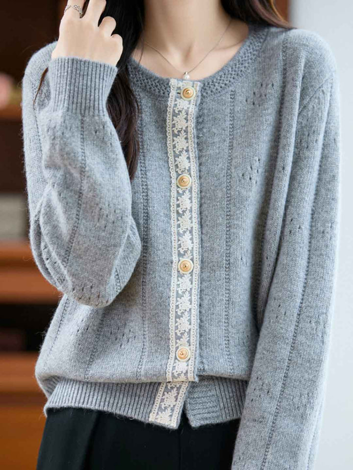 Julia Loose Crew Neck Solid Color Lace Knitted Cardigan