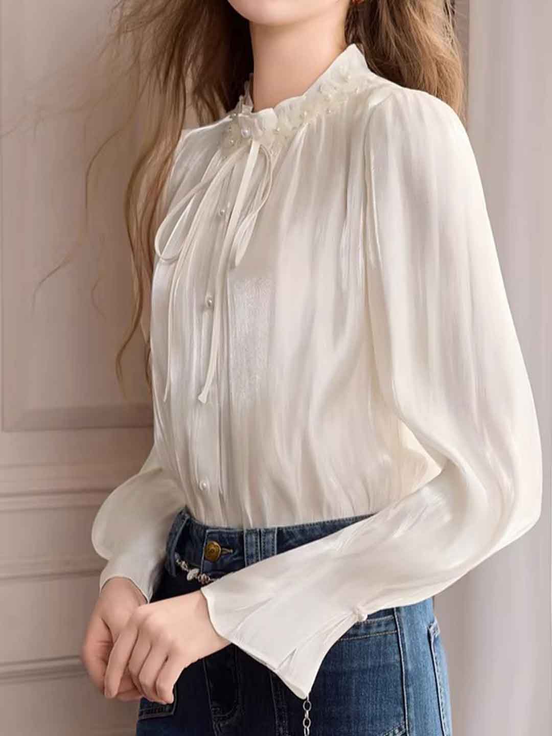 Emily Vintage Stand Collar Flare Sleeve Pleated Shirt