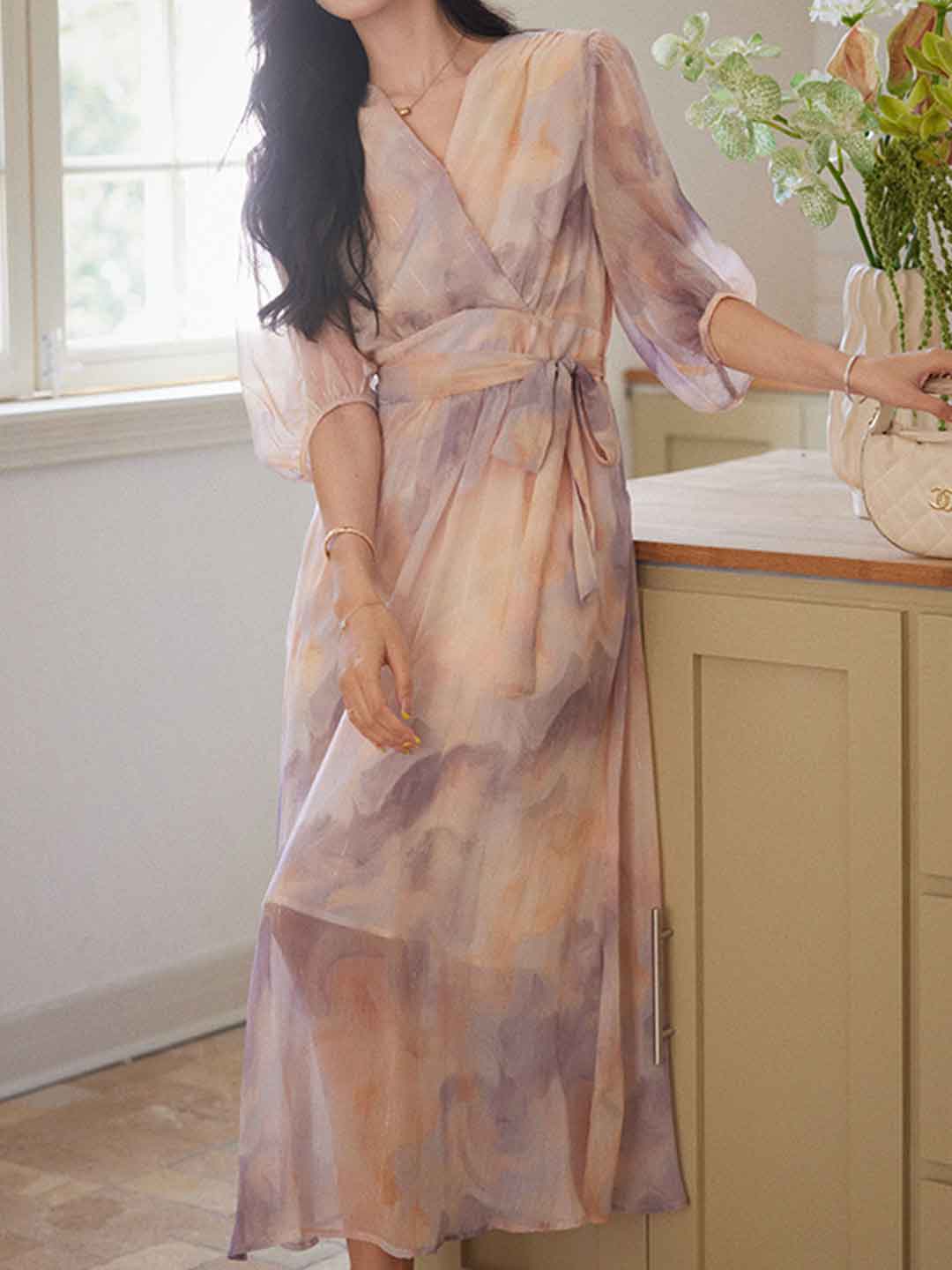 Abigail Classic V-Neck Floral Printed Tie Dress