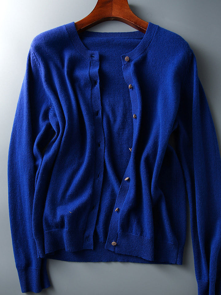 Sophia Classic Crew Neck Solid Color Knitted Cardigan-Royal Blue