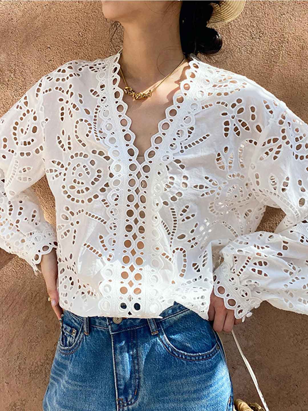 Claire Classic V-neck Embroidered Top