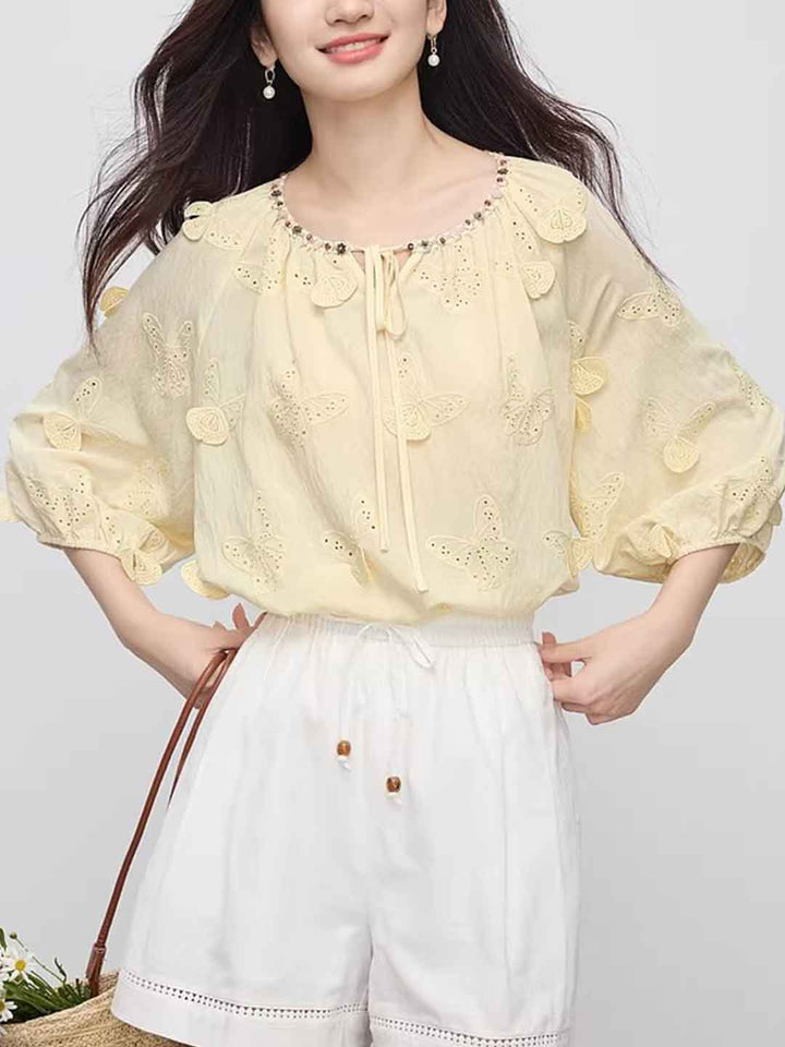 Olivia Retro Crew Neck Butterfly Embroidered Blouse